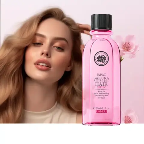Vibrant pink Laikou Japan Sakura Argan Hair Serum 60ml bottle with white pump.