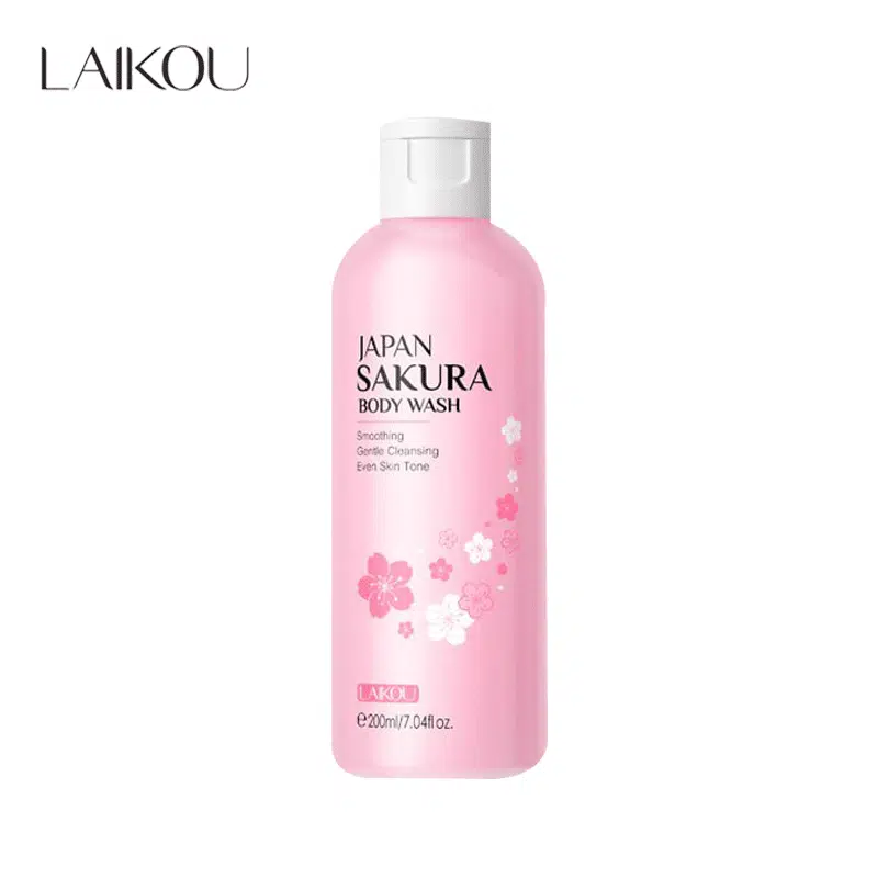 Laikou Japan Sakura Body Wash 200ml in a gradient pink pump bottle with cherry blossom design.