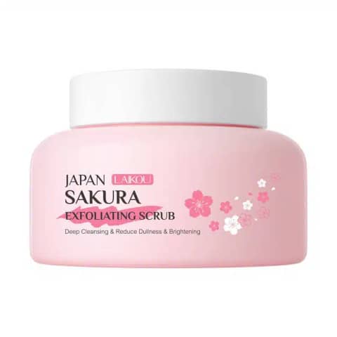 Laikou Japan Sakura Exfoliating Scrub 100g pink tube, upright, with detailed packaging.