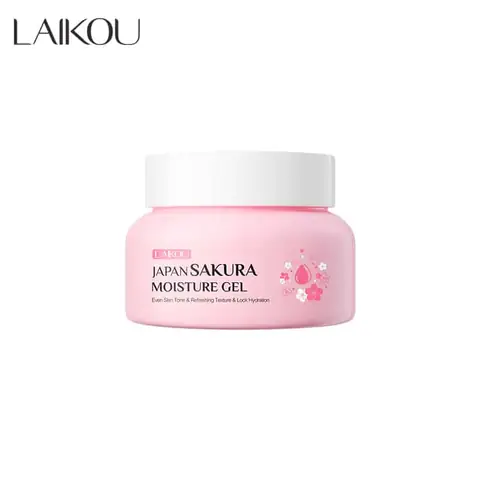 Laikou Japan Sakura Moisture Gel in a pink jar with a white lid and floral design.