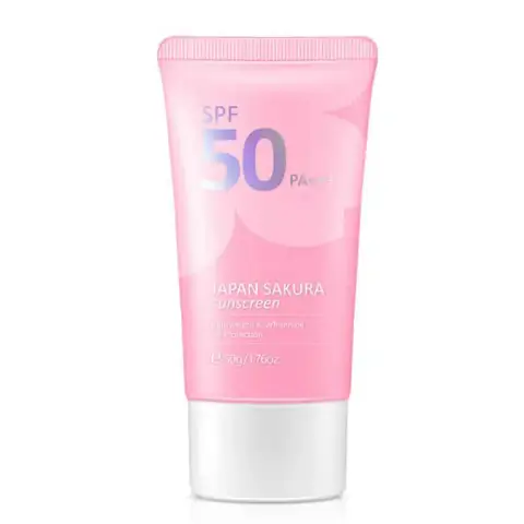 Laikou Japan Sakura UV sunscreen, white tube with pink cap and delicate cherry blossom graphics.