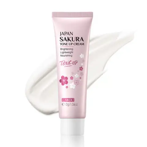 Laikou Japan Sakura Tone Up Cream 30gm in elegant pink and white jar, front view.
