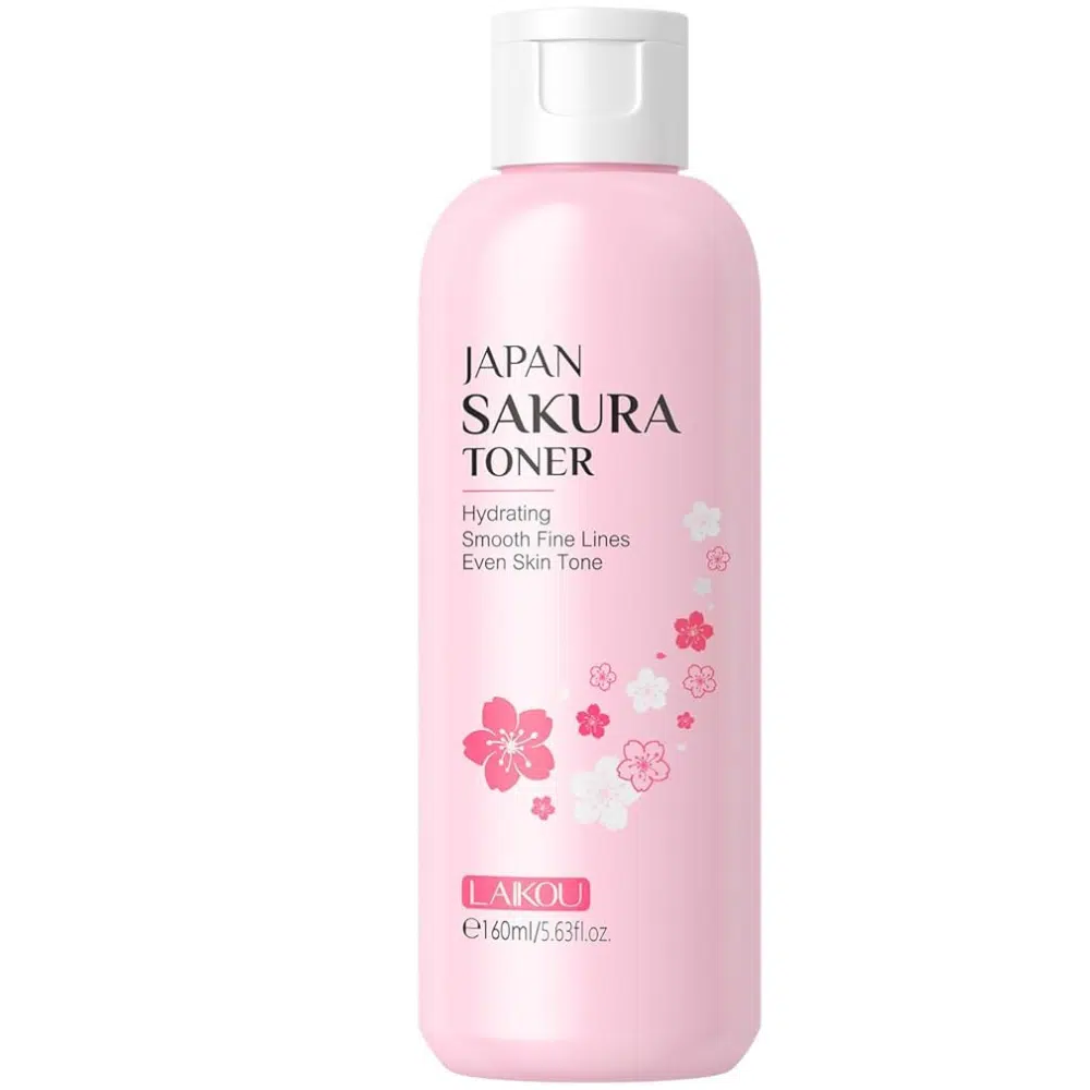 LAIKOU Japan Sakura Toner 160ml clear bottle with pink label and cherry blossoms, front view.