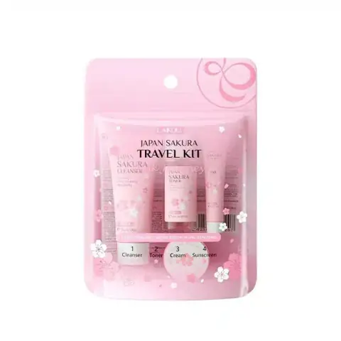 Laikou Japan Sakura 4-piece travel kit displayed upright, featuring pink cleanser, toner, serum, and cream bottles.