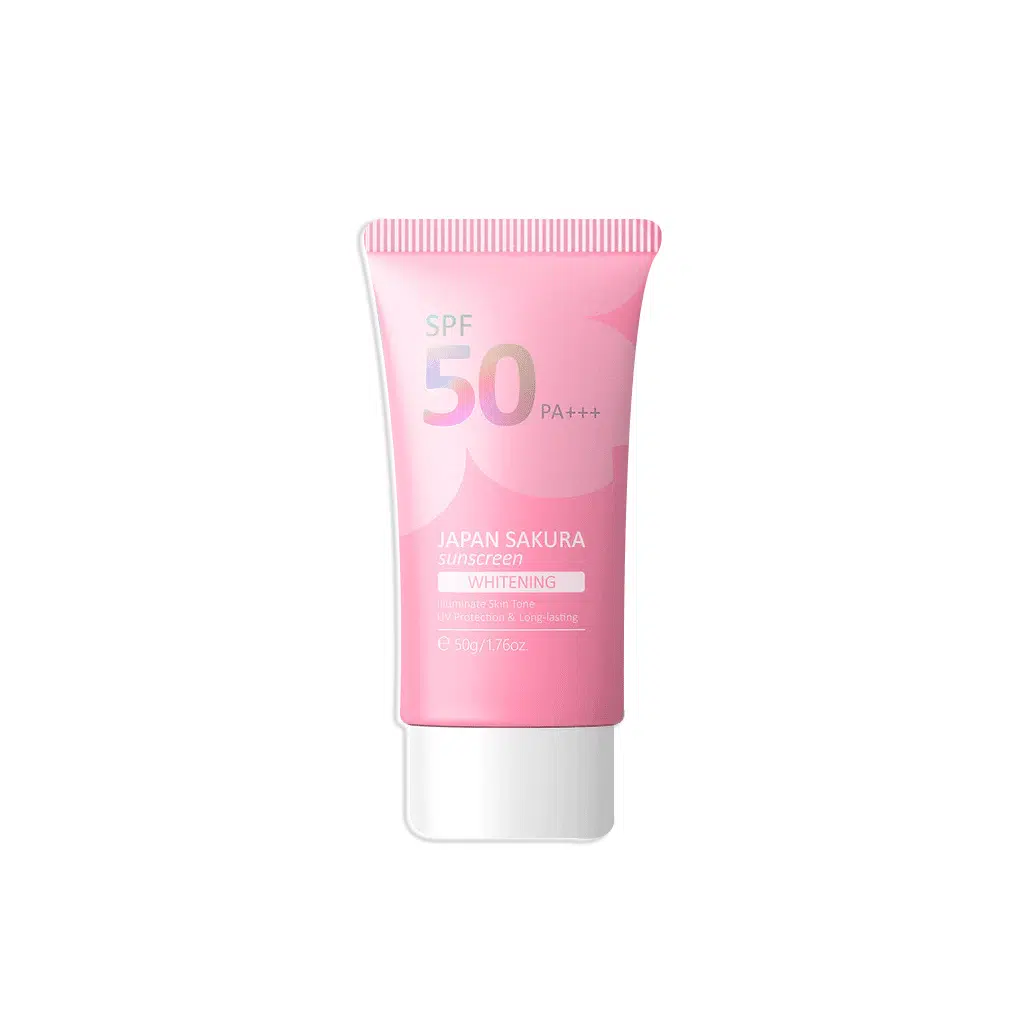 Laikou Japan Sakura Whitening Sunscreen SPF50 PA+++ 50g tube, sleek pink and white packaging.