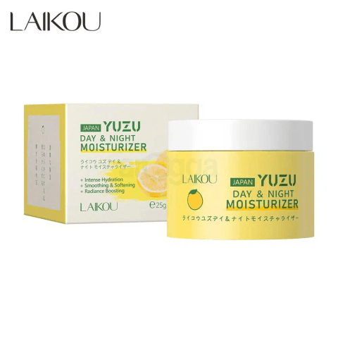 Laikou Japan Yuzu Day & Night moisturizer, two white jars, yellow caps, presented with yuzu slices.