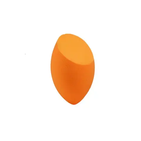 Two orange Laikou makeup sponges, one upright, showcasing their soft, teardrop shape.