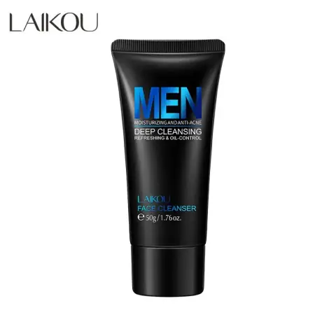 Laikou Men's Moisturizing Face Cleanser 50g in dark blue tube with white cap, upright display.