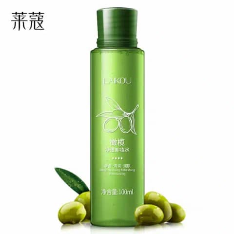 Laikou Olive Makeup Remover 100ml biphasic formula bottle, front view, showing oil and water layers.