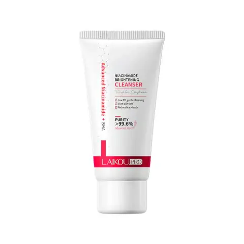Laikou Pro Niacinamide Brightening Cleanser 50ml tube, white with pink cap, front view.