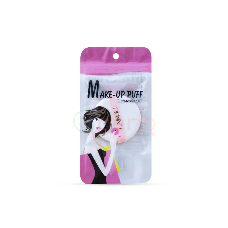 Laikou Professional soft white make up puffs, round, shown in their clear packaging.