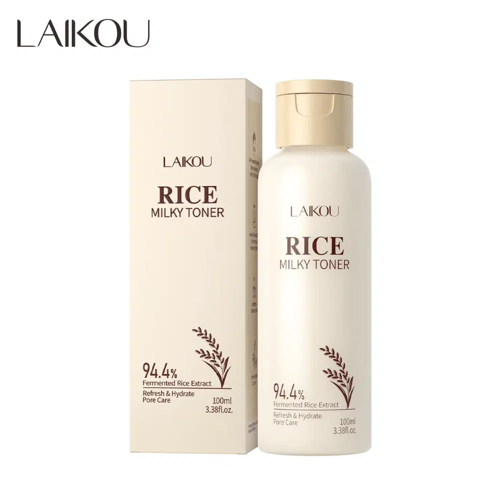 Laikou Rice Milky Toner 100ml in a white cylindrical bottle with a light brown cap and rice grain graphic.