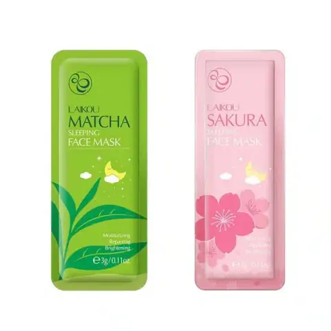 Laikou Sakura and Matcha sleeping mask individual sachets, green and pink, displayed prominently.