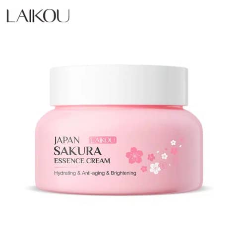 Front view of Laikou Sakura Essence Cream 60gm jar with pink lid and cherry blossom label.