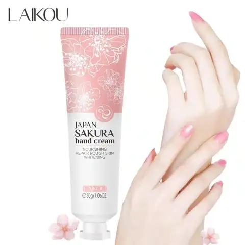 Laikou Sakura Hand Cream 30g in a pink tube, featuring delicate cherry blossom art on the front.