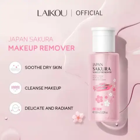 Laikou Sakura Makeup Remover Water, 100ml transparent bottle with pink cherry blossom label, standing upright.