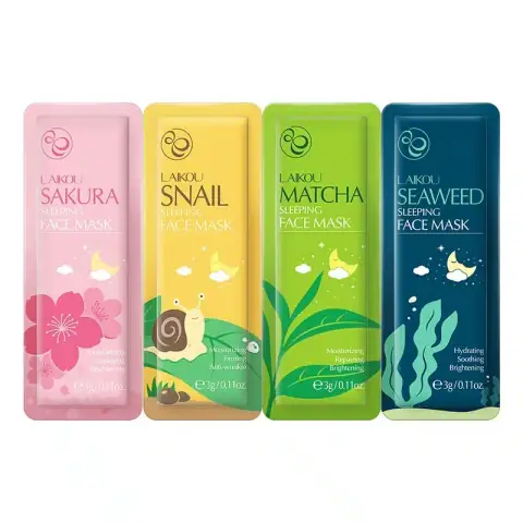 Four Laikou Sakura, Matcha, and Seaweed Snail sleeping mask sachets displayed on white background.