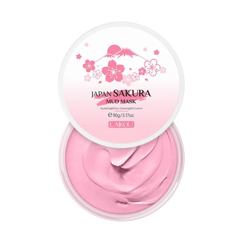 Laikou Sakura Mud Mask 90g jar, white with pink lid, delicate cherry blossom design.