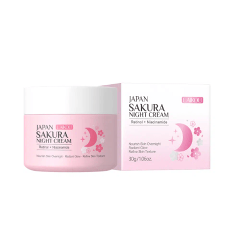 Pink Laikou Sakura Night Cream 30g jar featuring Retinol + Niacinamide, surrounded by delicate cherry blossoms.