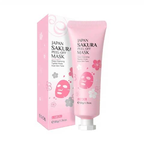 Front view of Laikou Sakura Peel Off Mask 50g pink tube with cherry blossom art.