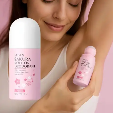 Front view of Laikou Sakura Roll-On Deodorant 60ml, featuring pink bottle with white cap.