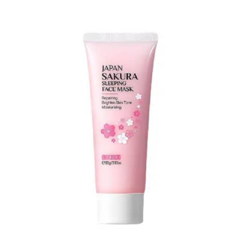 Laikou Sakura Sleeping Mask 80g pink jar with silver lid, front view showcasing product details.