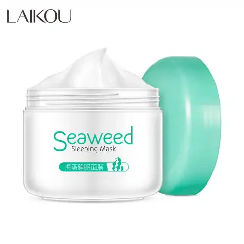 Laikou 120gm seaweed sleeping mask in clear tub with light green gel and white lid, featuring a spoon.
