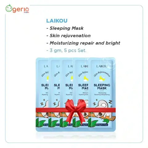 Laikou Sleeping Mask full retail box with five individual blue and white rejuvenating sachets.