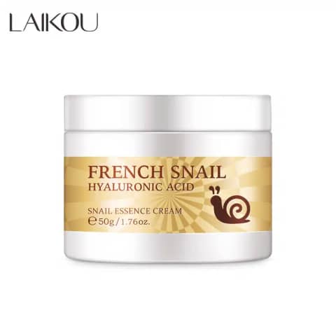 Laikou French Snail Essence Cream 50gm jar and product box on a clean background.