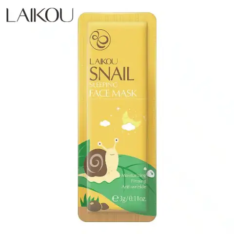 Laikou Snail Sleeping Mask 3gm sachet, white and gold packaging, presented clearly.