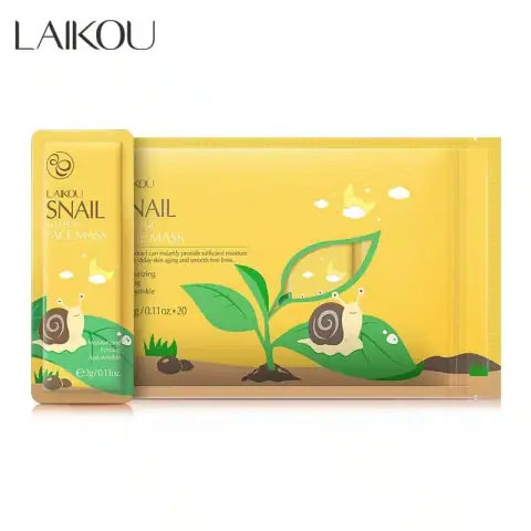 Laikou Snail Sleeping Mask 20-piece box with individual 3gm green sachets arranged on a white background.