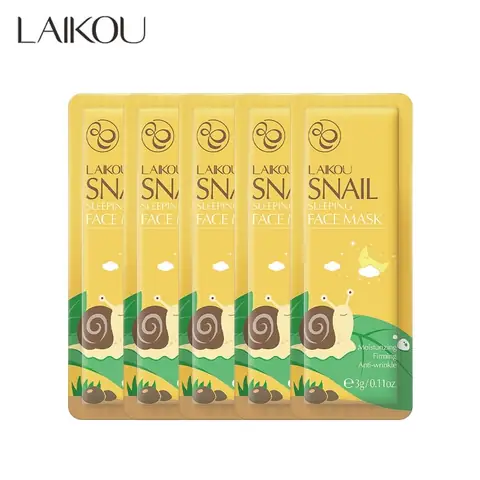 Five individual Laikou Snail Sleeping Mask sachets displayed, showcasing golden packaging and branding.