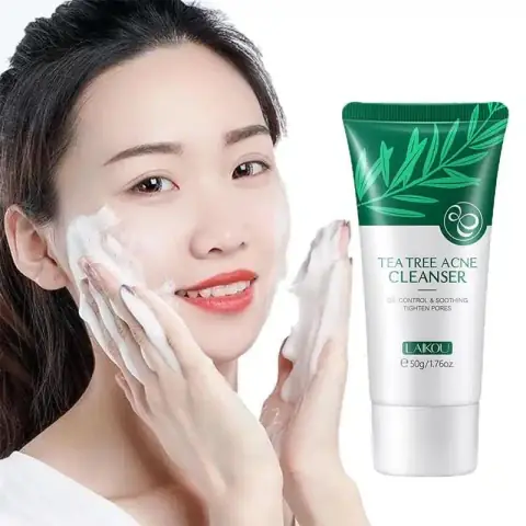Laikou Tea Tree Acne Cleanser 50gm tube, green and white packaging, front view.