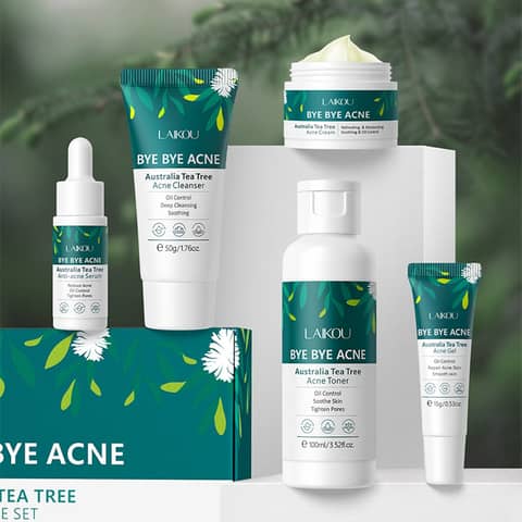 Laikou Tea Tree Bye Bye Acne 5-piece skincare set displayed upright with green and white packaging.