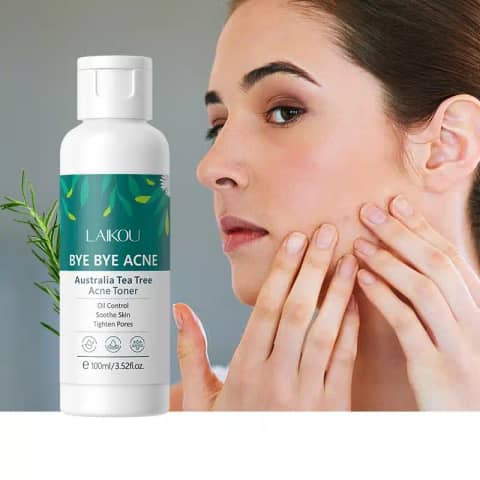 Laikou Tea Tree Bye Bye Acne Toner 100ml bottle, green-tinted, stands upright with prominent label.