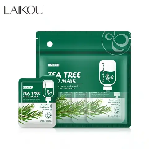 Laikou Tea Tree Mud Mask 12-pack carton, displaying individual green 5gm sachets spilling out.