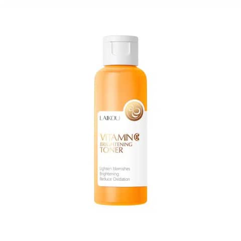 Front view of Laikou Vitamin C Brightening Toner, a vibrant orange bottle with a white cap, 100ml.