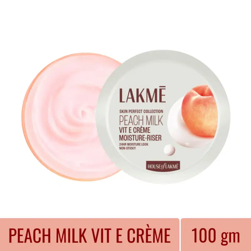 Lakme Peach Milk Moisturiser 100ml bottle, featuring a white pump dispenser on a clean background.
