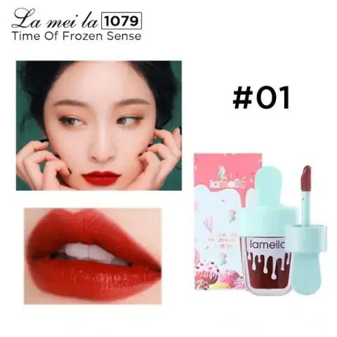 Lameila waterproof lip tint 01 stands upright, applicator wand removed showing brush tip.