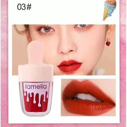 Three Lameila Waterproof Lip tint shade 03 bottles stand upright, showcasing the vibrant reddish-orange color.