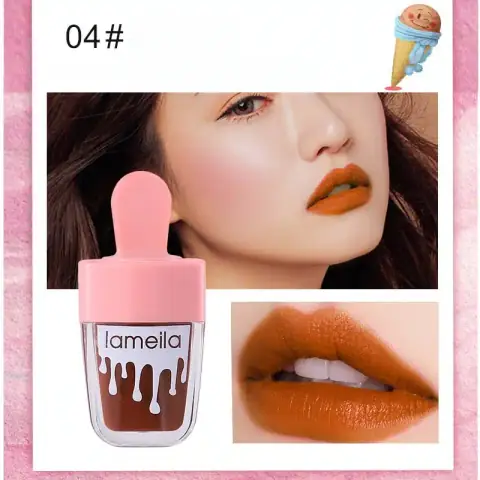 Lameila Lip tint Waterproof shade 04, a terracotta hue, in clear standing tube.