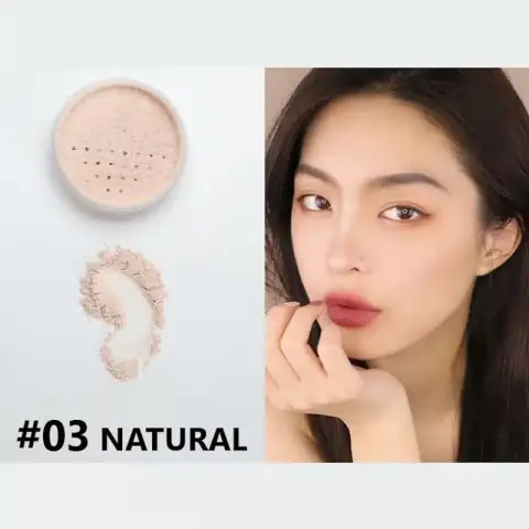Lameila Loose Powder Natural 03 in clear round packaging with golden lid, standing upright.