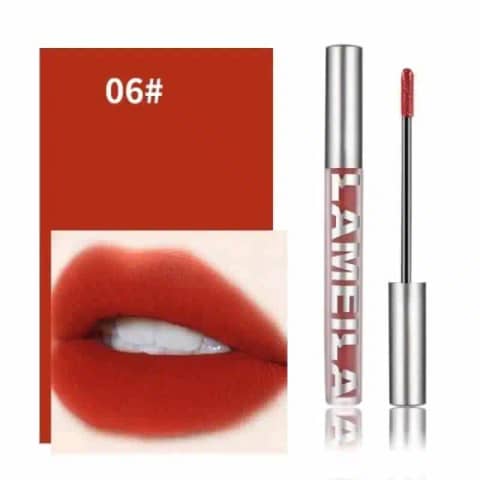 Lameila Matte Liquid Lipstick 06 in a clear tube, showcasing the rich deep red shade.