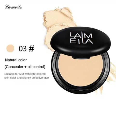 Full view of Lameila Natural Color 03 pressed powder in a closed elegant rose gold compact.