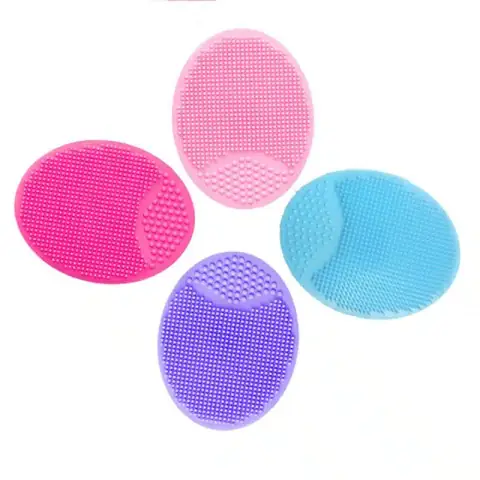 Three Lameila silicone facial cleansing brushes in vibrant pink, green, and purple with fine bristles.