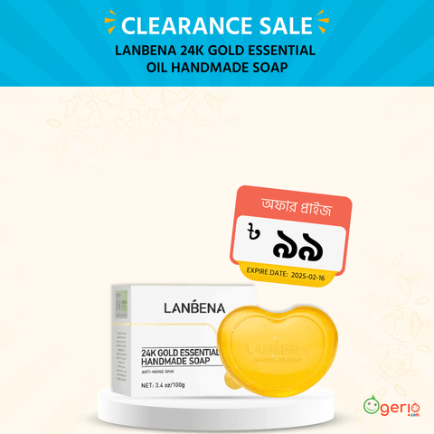 Lanbena 24K Gold Essential Oil handmade soap, a luxurious amber bar with shimmering gold flakes.