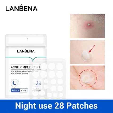 Lanbena Acne Pimple Patch 28PCS box with clear patches displayed against a white background.