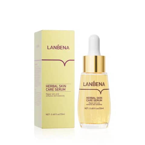 Lanbena Herbal Skin Care Serum 20ml in a clear glass dropper bottle with gold cap.