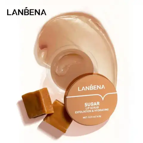 Open Lanbena Brown Sugar Lip Scrub jar revealing granular texture and white spatula applicator.