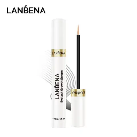 Lanbena Eyelash Growth Serum in its elegant white tube with a shiny gold cap, presented front and center.